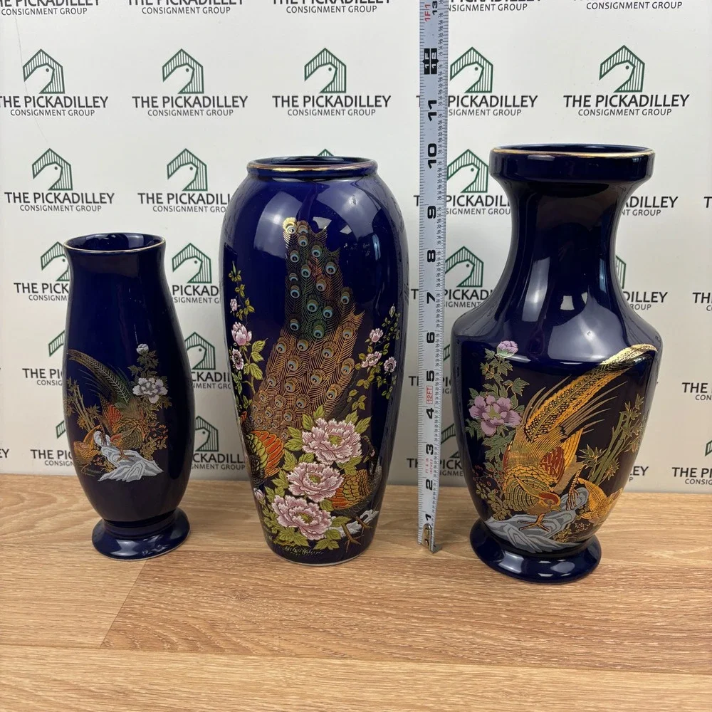 Vintage Japanese Cobalt Blue Porcelain Vase Set 3pc Peacock Pheasant Gold Gilt